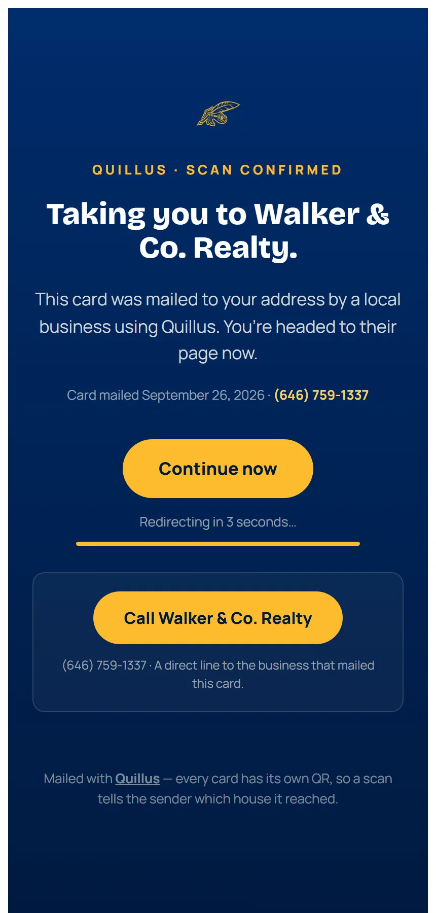 The Quillus scan page on a phone: "Taking you to Walker & Co. Realty", a Continue button and a Call button wired to the business that mailed the card.