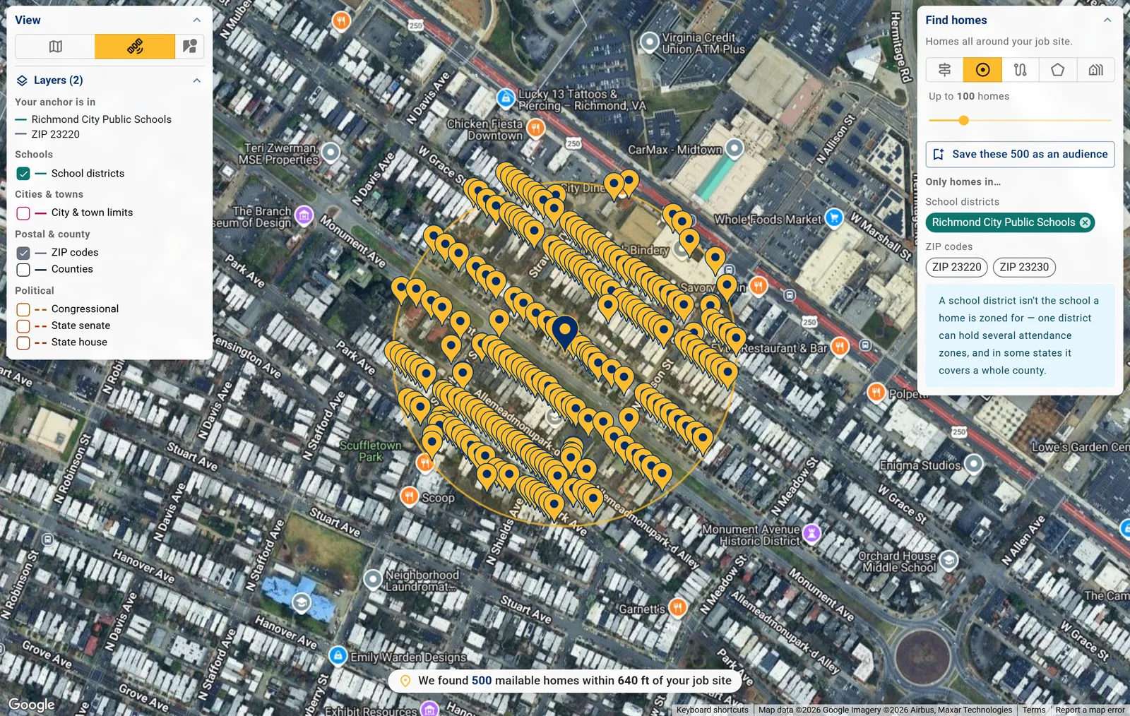 The Quillus send map on satellite imagery: hundreds of gold pins around a job site on Monument Avenue, the Layers panel showing the job sits in Richmond City Public Schools and ZIP 23220, and the Find homes panel narrowed to that school district.