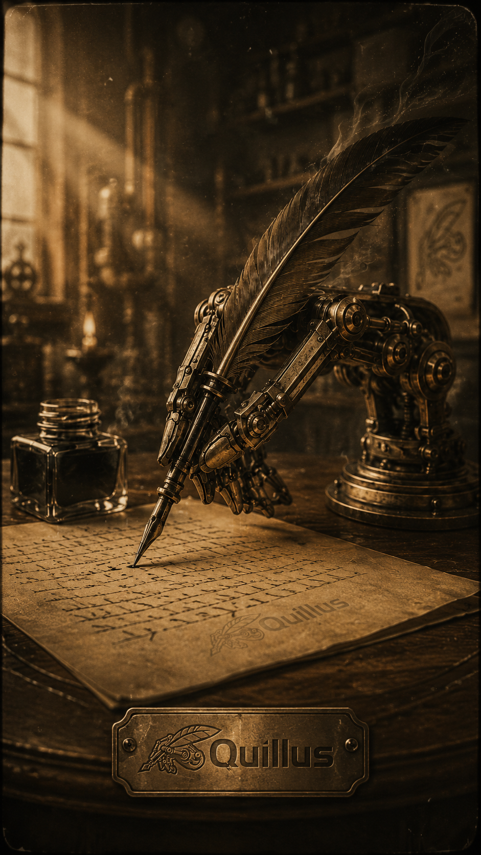 Quill — the Quillus steampunk mascot, a robotic hand writing with a quill